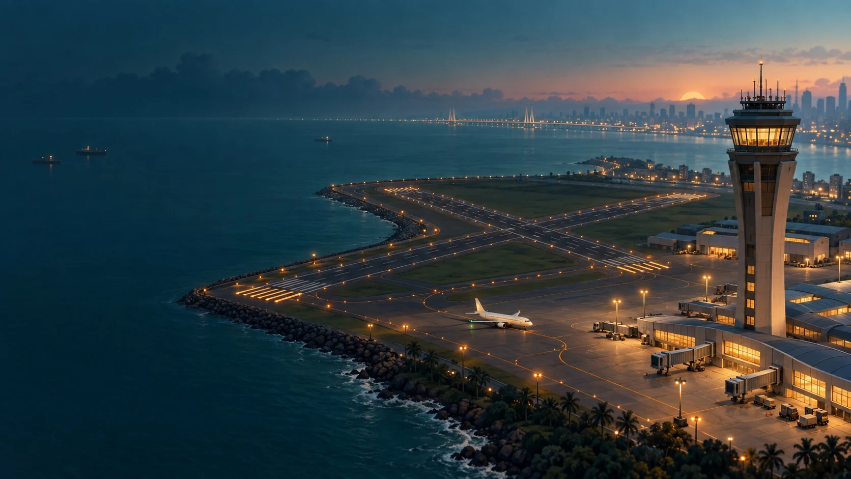 Mumbai’s coastal airport and illuminated control tower at dusk